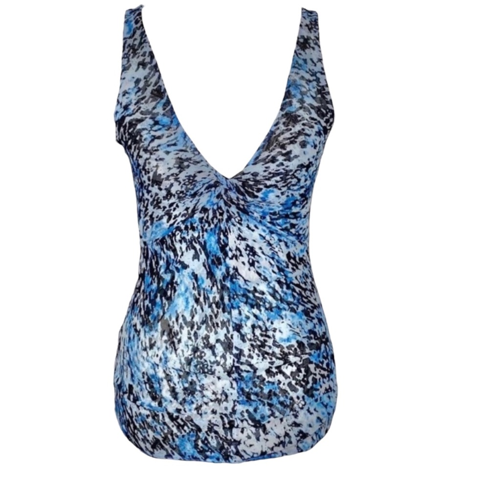 S VTG Express Y2K Mesh Splatter Print V Neck Low Cut Tank Top Sleeveless Blouse